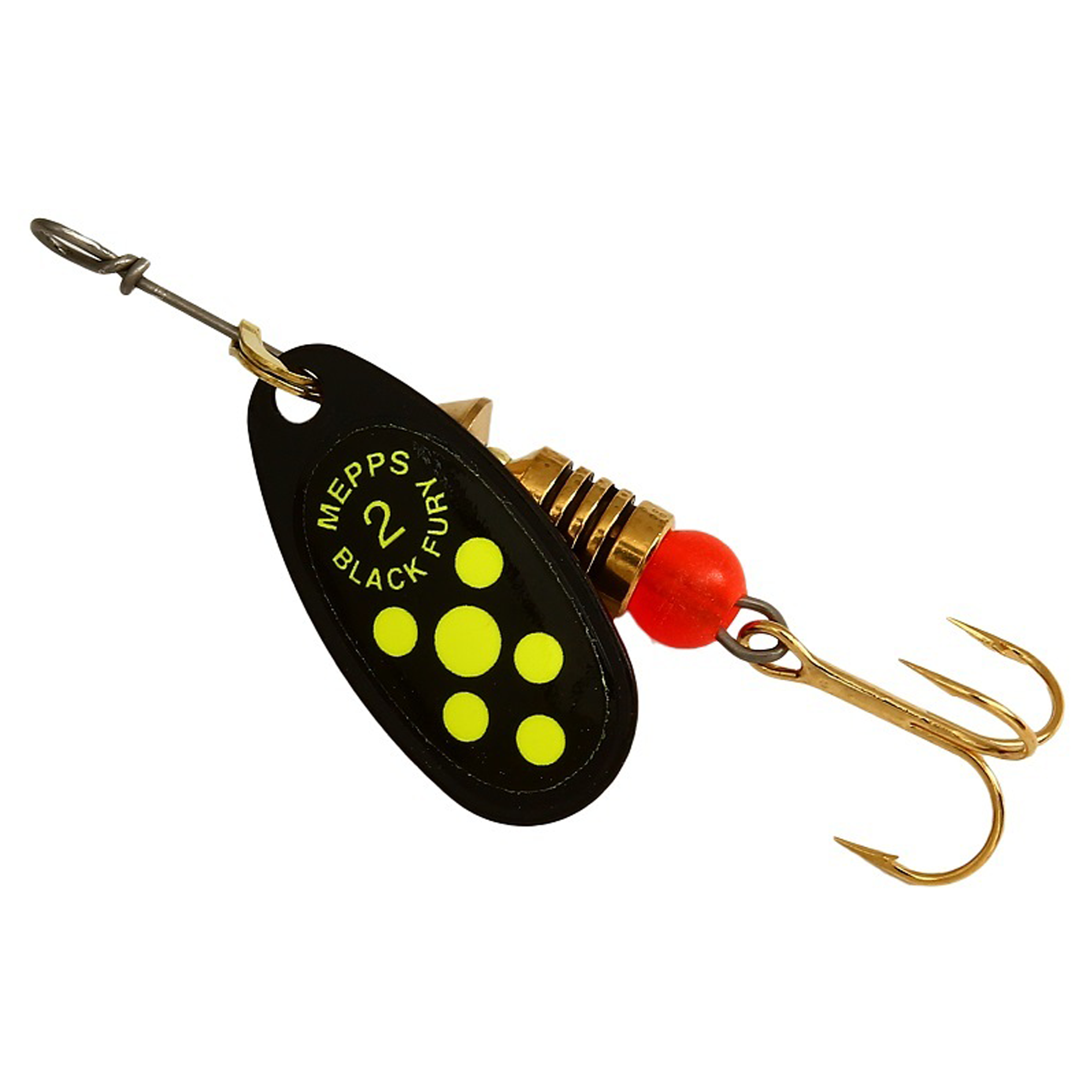 Vizulis rotiņš blisterī Mepps Black Fury #2 - Black/Chartreuse dots