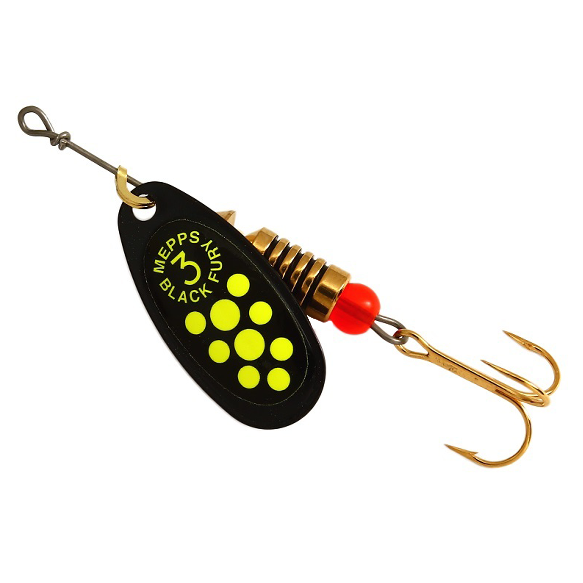 Vizulis rotiņš blisterī Mepps Black Fury #3 - Black/Chartreuse dots