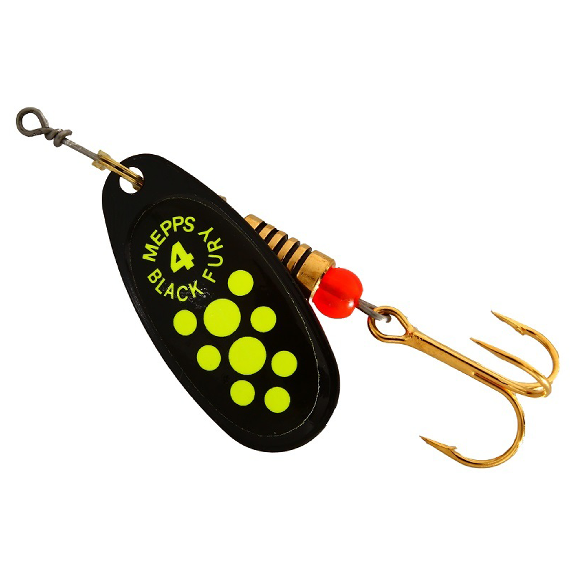 Vizulis rotiņš blisterī Mepps Black Fury #4 - Black/Chartreuse dots