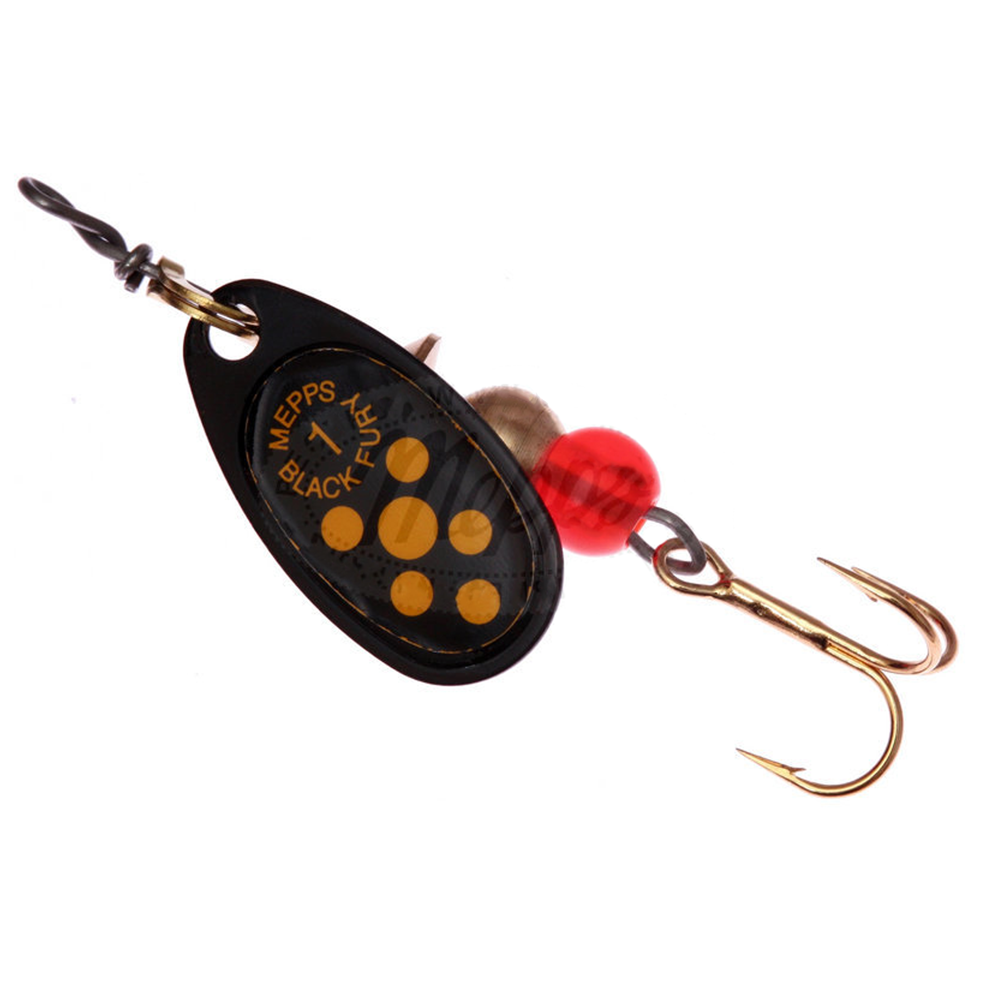 Vizulis rotiņš blisterī Mepps Black Fury #1 - Black/Yellow dots