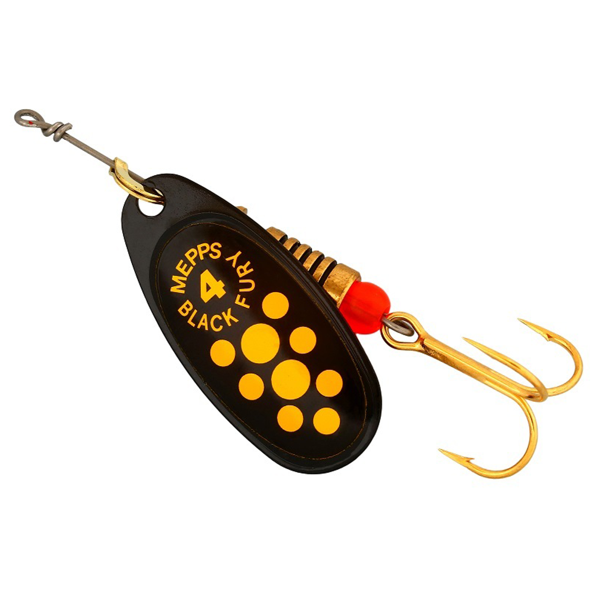 Vizulis rotiņš blisterī Mepps Black Fury #4 - Black/Yellow dots