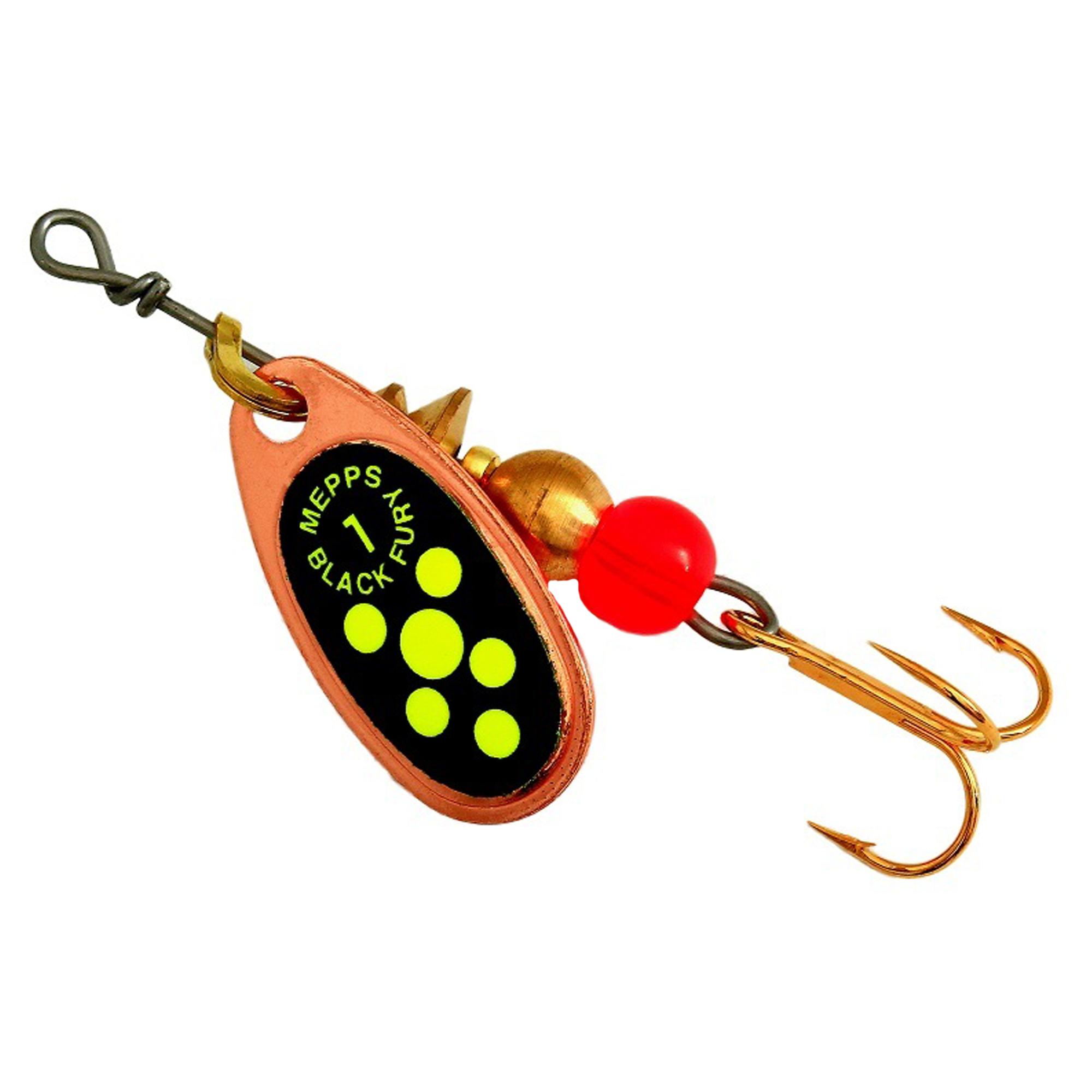 Vizulis rotiņš blisterī Mepps Black Fury #1 - Copper/Chartreuse dots