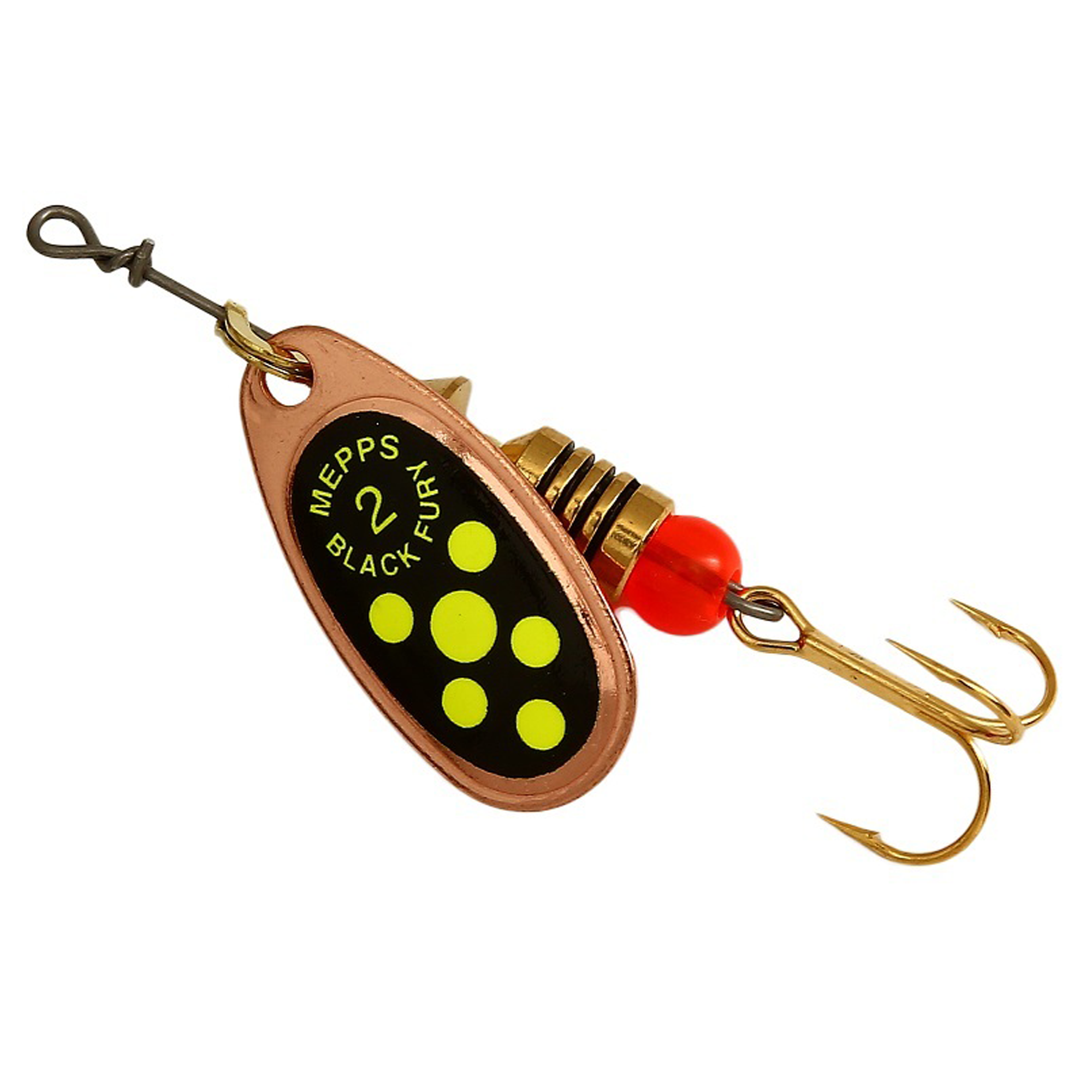 Vizulis rotiņš blisterī Mepps Black Fury #2 - Copper/Chartreuse dots