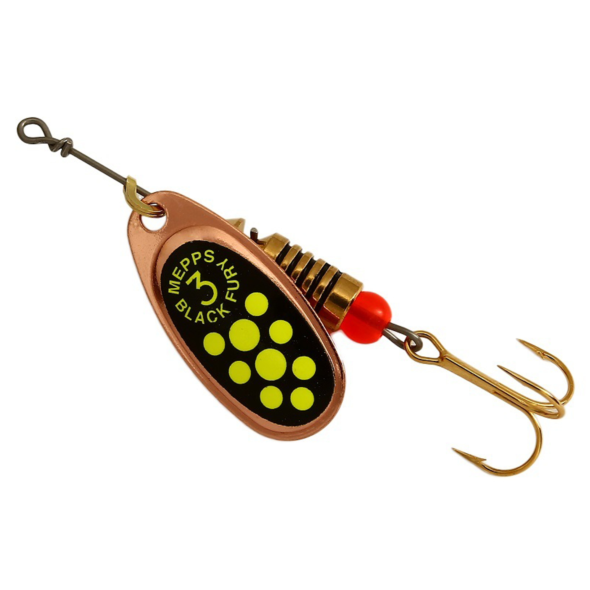 Vizulis rotiņš blisterī Mepps Black Fury #3 - Copper/Chartreuse dots