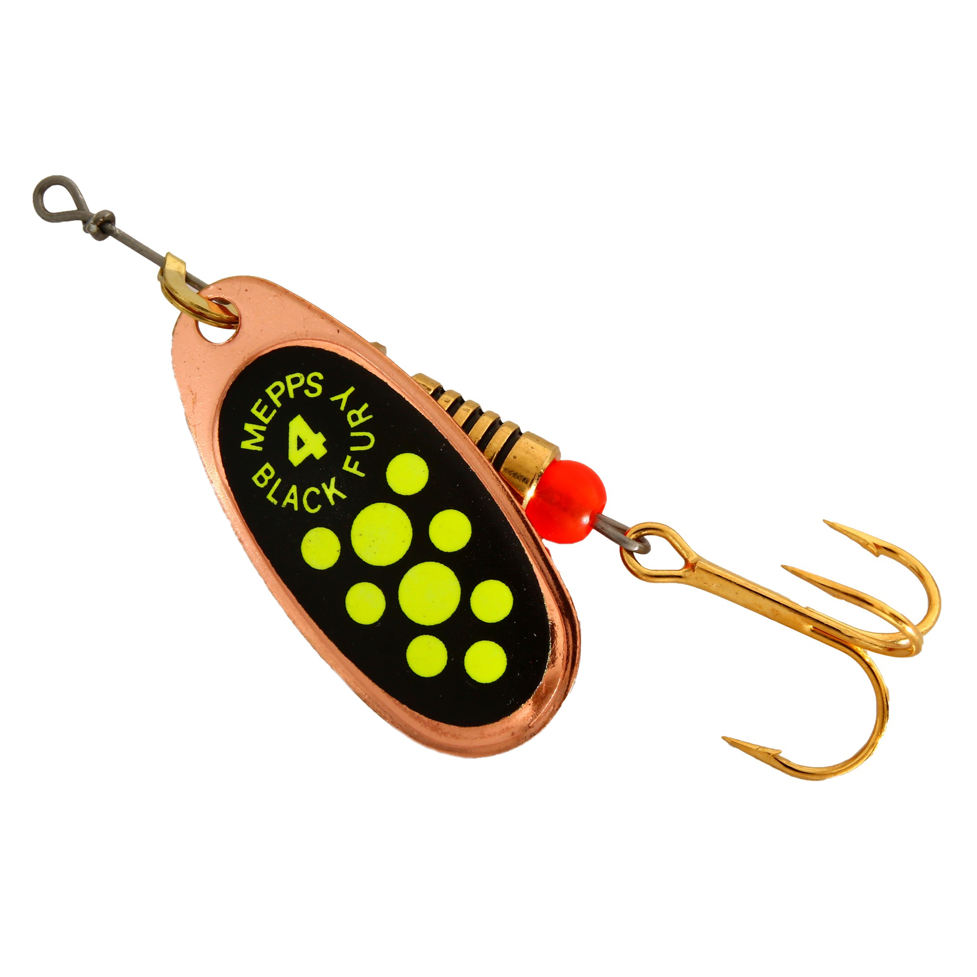 Vizulis rotiņš blisterī Mepps Black Fury #4 - Copper/Chartreuse dots