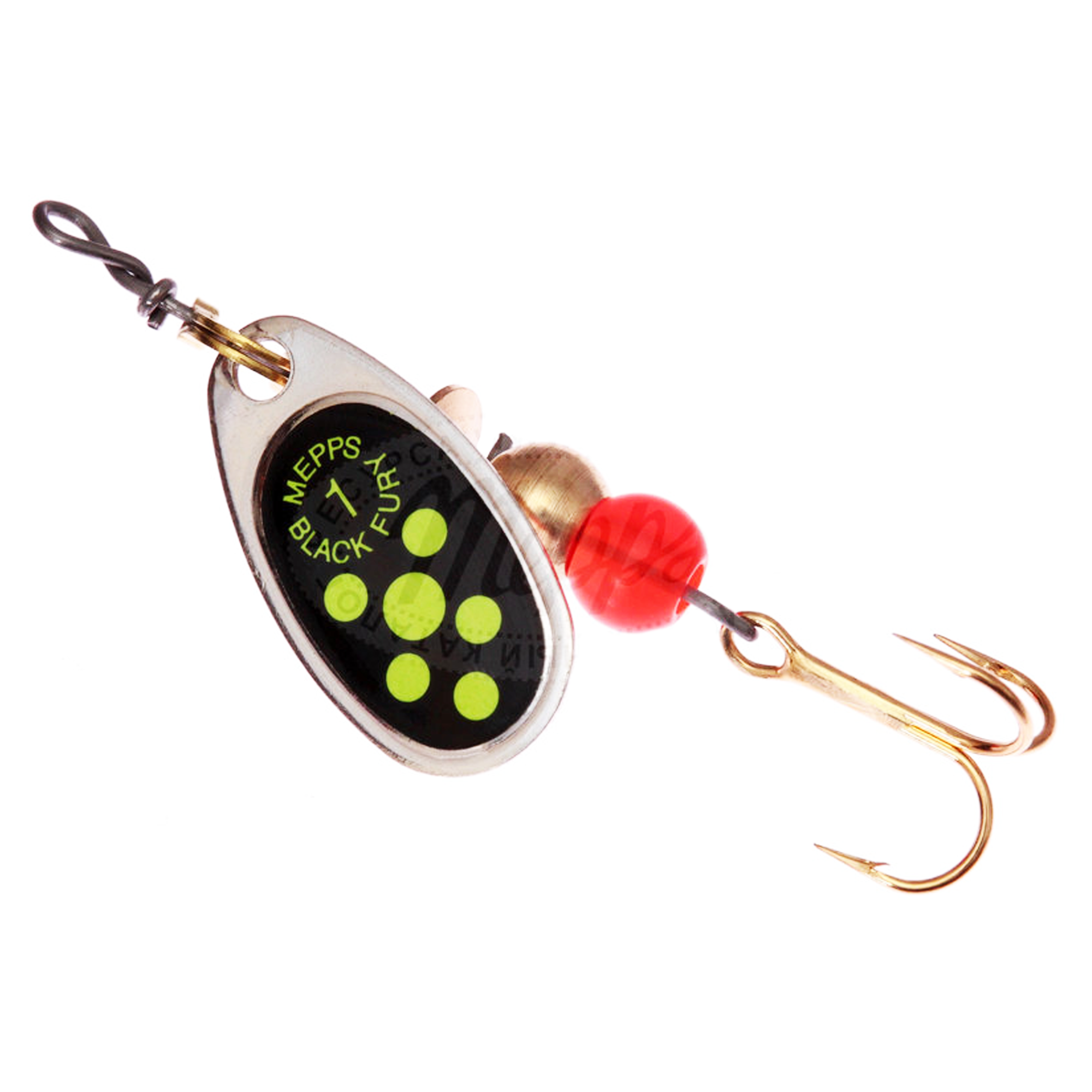 Vizulis rotiņš blisterī Mepps Black Fury #1 - Silver/Chartreuse dots