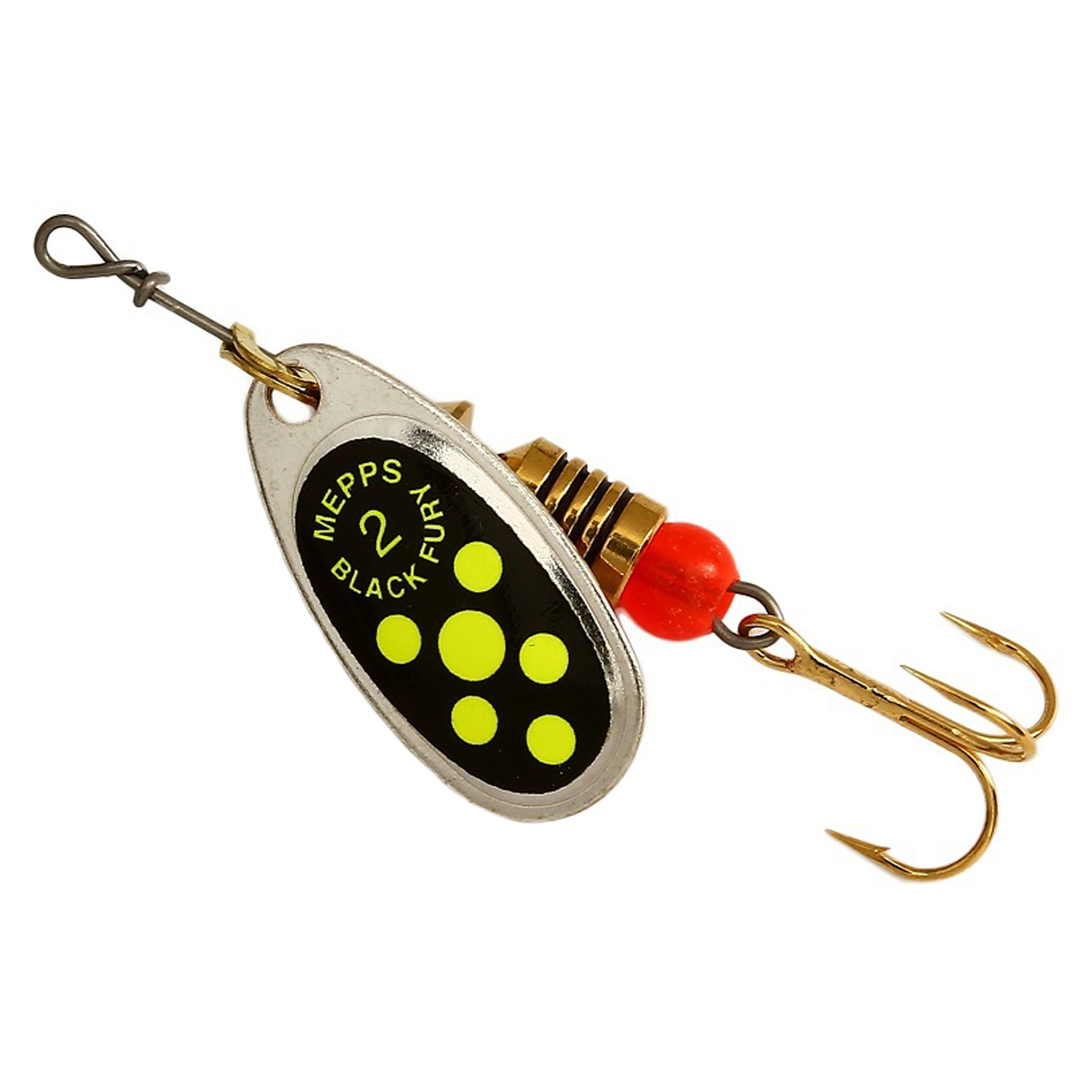 Vizulis rotiņš blisterī Mepps Black Fury #2 - Silver/Chartreuse dots