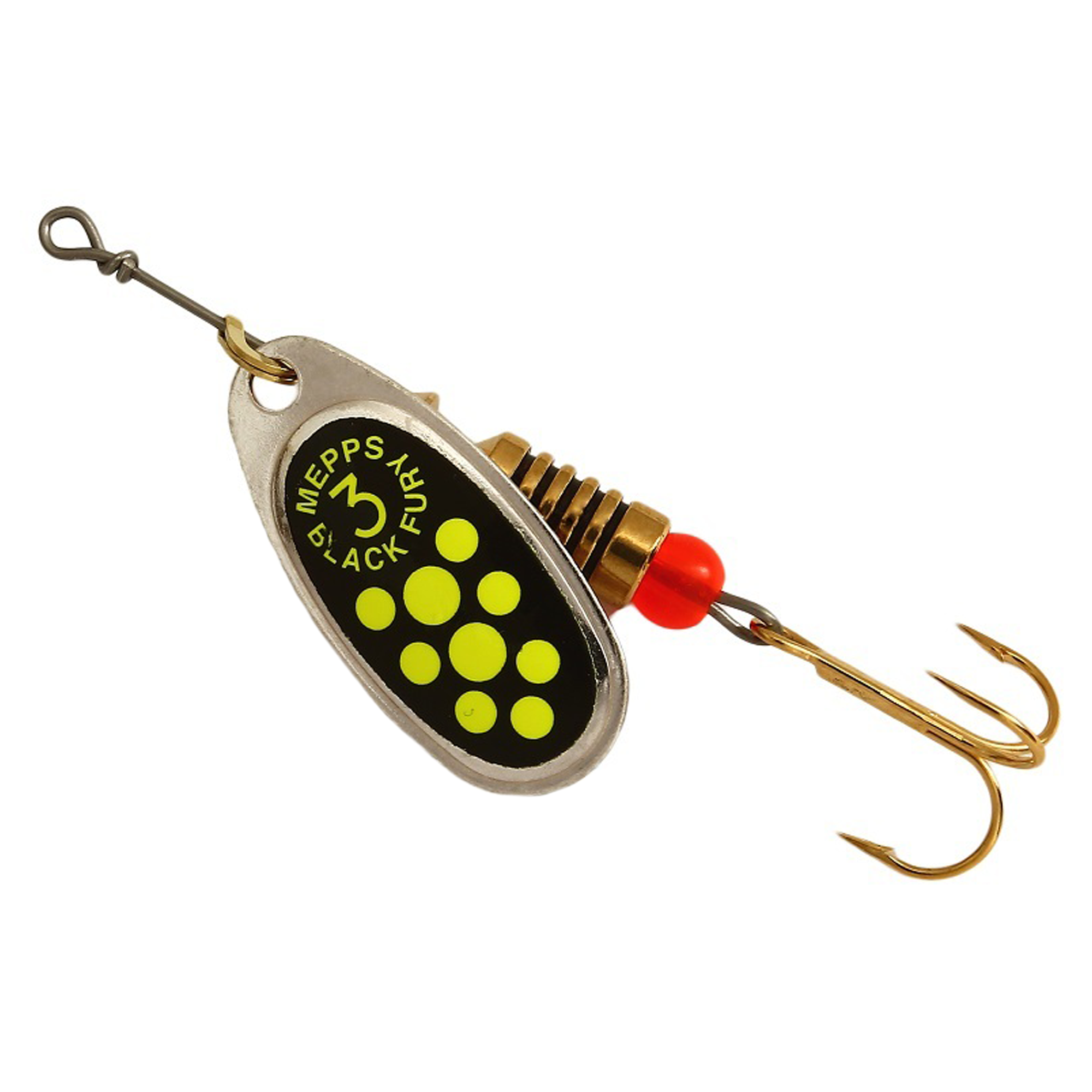 Vizulis rotiņš blisterī Mepps Black Fury #3 - Silver/Chartreuse dots