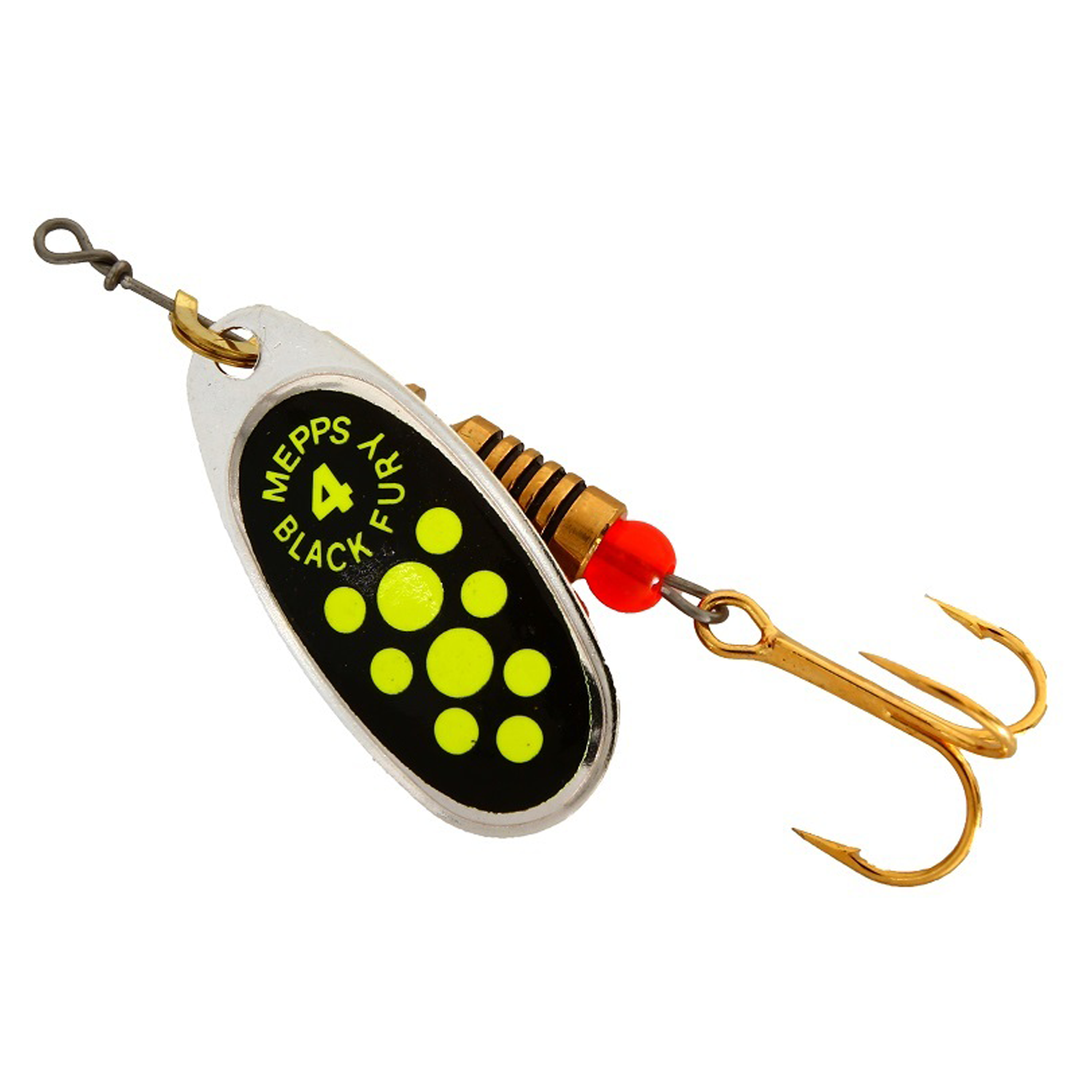 Vizulis rotiņš blisterī Mepps Black Fury #4 - Silver/Chartreuse dots