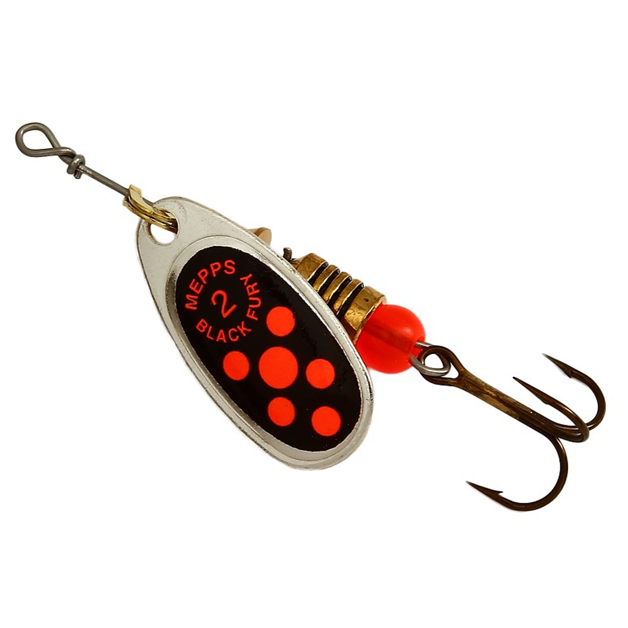 Vizulis rotiņš blisterī Mepps Black Fury #2 - Silver/Orange dots