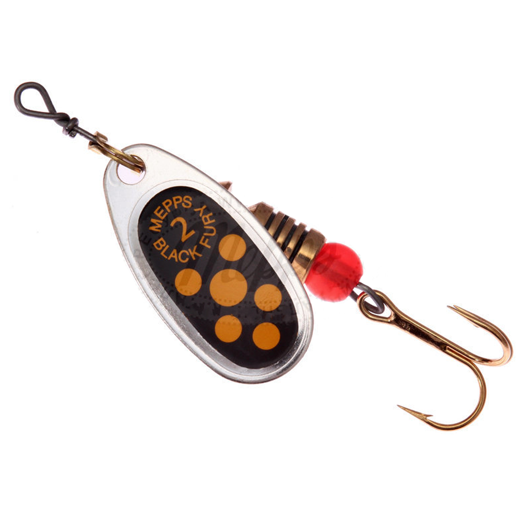 Vizulis rotiņš blisterī Mepps Black Fury #2 - Silver/Yellow dots
